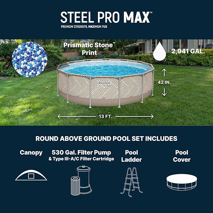 Bestway Steel Pro MAX 13' x 42" Above Ground Pool, Round Metal Frame Outdoor Swimming Pool Set with Canopy, Filter Pump, Ladder, and Cover, Taupe