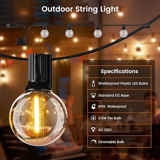 OHLUX Outdoor String Lights, 180FT G40 Globe LED Patio Lights with 82 Dimmable Plastic Bulbs 2 Spare, 2200K Waterproof Connectable Hanging Lights for Backyard Porch Cafe Party Decor, E12 Socket