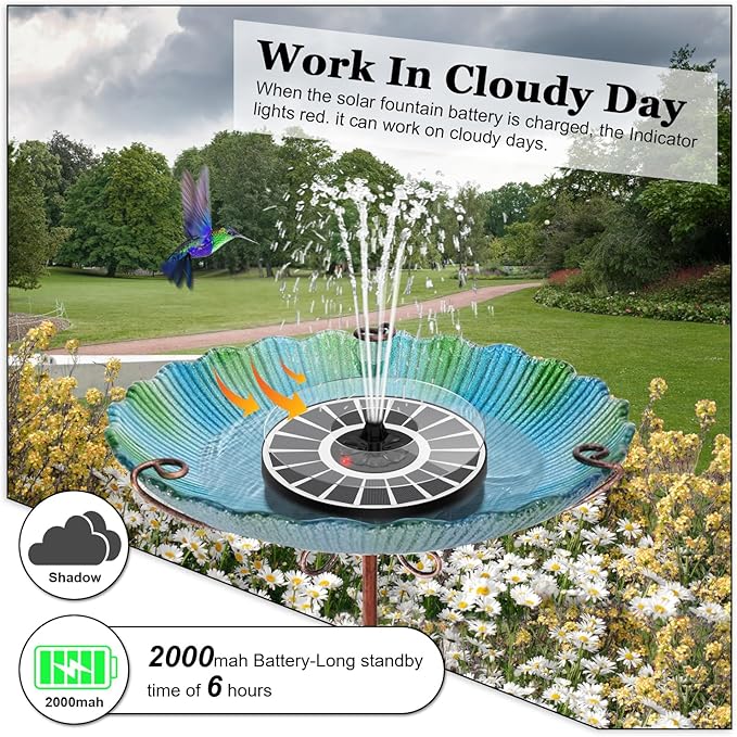 Yzert Solar Fountain with 2000mAh Battery & Innovative Indicator, 3.5W Glass Solar Water Fountain Pump Works in Cloudy Day with 7 Nozzles for Bird Baths, Gardens, Ponds, Pools, Outdoors-White