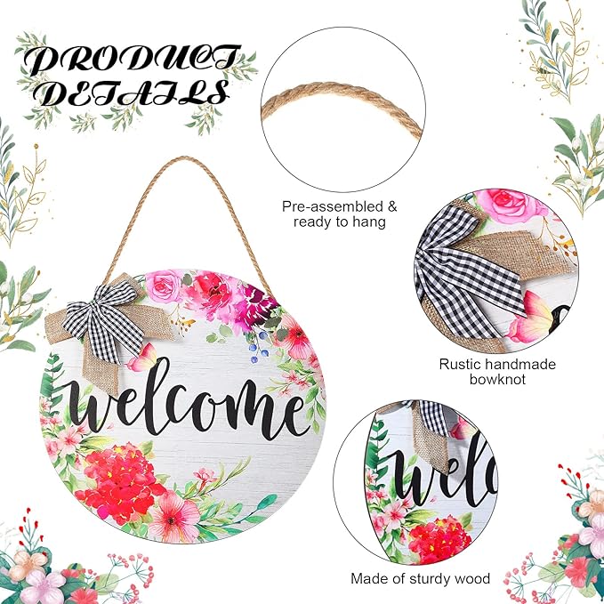 Yookeer Spring Summer Welcome Signs for Front Door Decoration Farmhouse Wreaths Door Hanger Rustic Wooden Welcome Flower Hanging Wall Porch Indoor Home Decor for Spring Summer Seasons Holiday