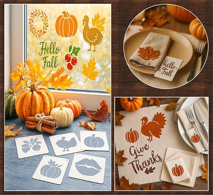 Fall Stencils 56PCS 4in Reusable Plastic Templates Fall Craft Paint Stencil DIY Crafts Thanksgiving Autumn Decoration for Fabrics Window Wall Home Wood(4inch 56 Pack)
