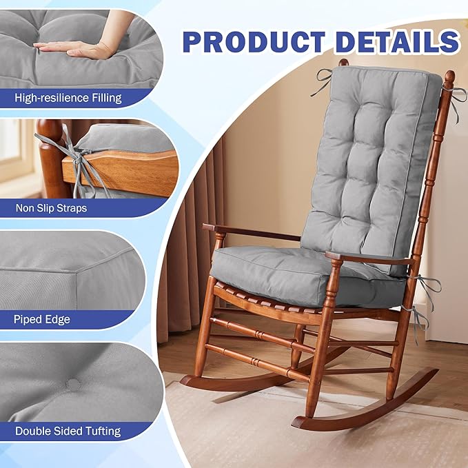 Rocking Chair Cushion, Waterproof and Fade-Resistant Patio Chair Cushions, Tufted Chair Pads for Rocker Furniture, 18x18 Inch, Indoor/Outdoor Seat Cushions with Ties, Light Grey