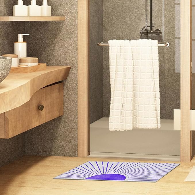 Nogrit Abstract Boho Sun Door Mat, Minimalist Purple Sunshine Sunray Doormat Bathmat for Indoor Outdoor Entrance, Mid Century Modern Boho Welcome Mats for Front Door Porch Entryway, 17x30 Inches