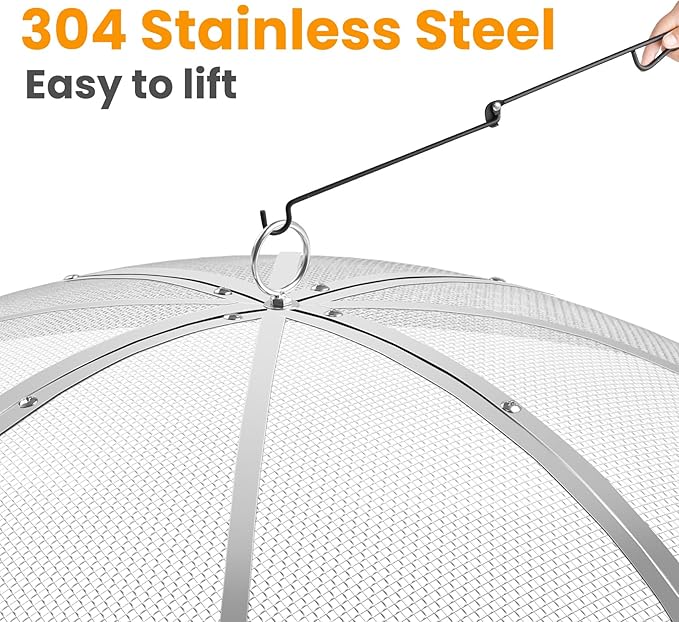 Fire Pit Spark Screen 40 Inch Round, Heavy Duty Stainless Steel Outdoor Fire Pit Screen Cover with Foldable Hook & Marshmallow Sticks, Mesh Spark Protector for Backyard, Camping, Beach