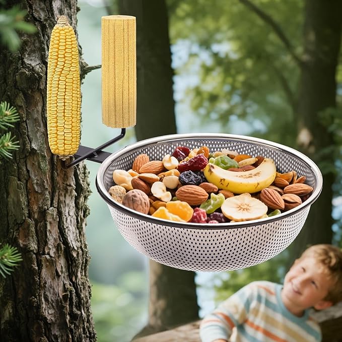 Squirrel Feeder Bowl (2L) Trees or Fences Mounted, Removable Squirrel Feeder with 2 Squirrel Corn Cob Spikes, Outdoor 8.8" Stainless Steel Feed Bowl with Drainage Holes, Easy to Clean/Refill(Black)