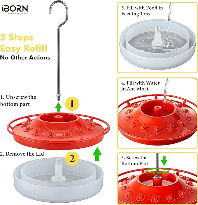 iBorn Hummingbird Feeders for Outdoors Hanging,Bee Proof Hummingbird Feeder with 14 Feeding Ports,13 OZ Saucer Humming Bird Feeders with Ant Moat,Ant Proof No Leak,Easy to Clean and Refill,Red,1 Pack