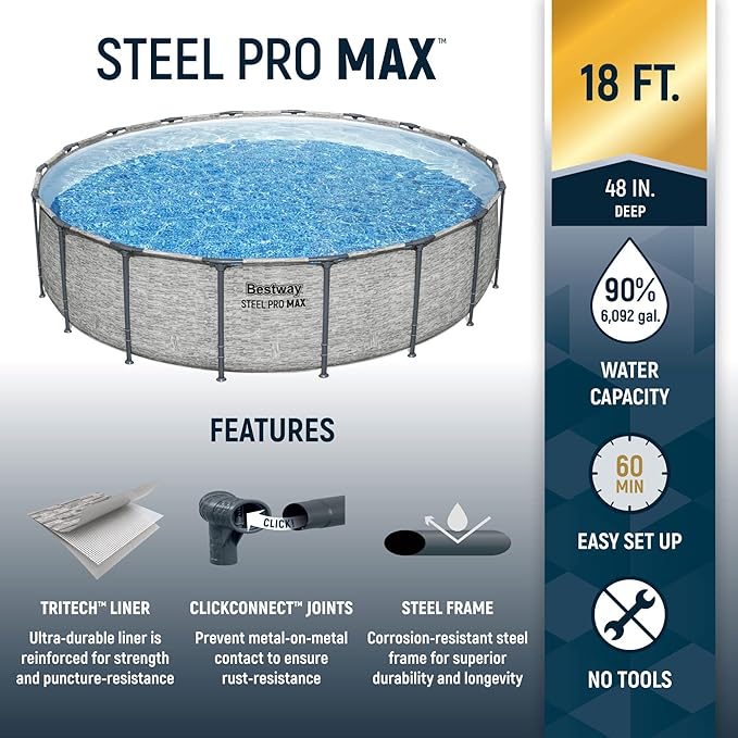 Bestway Steel Pro MAX 18' x 48" Above Ground Pool, Round Metal Frame Outdoor Swimming Pool Set with Filter Pump, Ladder, and Cover, Stack Stone