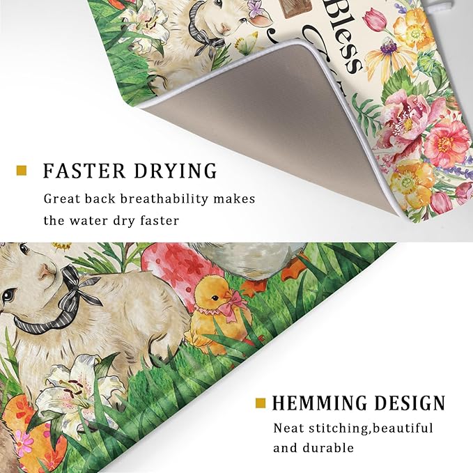 Easter Farmhouse Dish Drying Mat Funny Animal Microfiber Dish Pad for Kitchen Counter Large 18 X24 In
