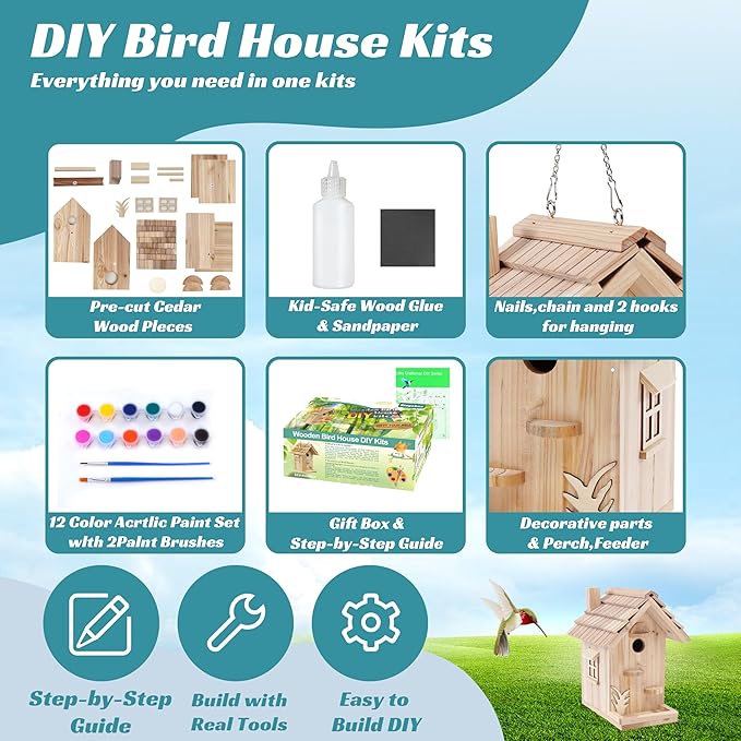 DIY Birdhouse Building Kit for Adults, Wooden Bird Houses to Paint for Kids, Outdoor Woodworking Kits Adult Crafts for Outside(Wood, 6.5in)
