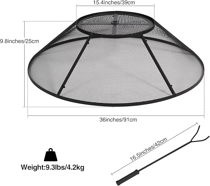 Lineslife Fire Pit Spark Screen 36 Inch with Top Cover Round, Heavy Duty Collapsible Outdoor Fire Pit Mesh Screen, Metal Fire Pit Top Lid with Ring Handle for Patio Backyard, Black
