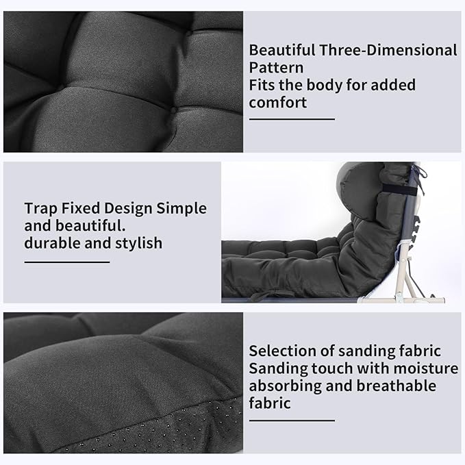 Tudomro 1 Pcs Grey 66'' Outdoor Chaise Lounge Cushion Waterproof Patio Lawn Pool Chaise Lounge Cushion with Headrest Pillow & Ties Weather Fade Resistant Replacement Longue Chair Pad