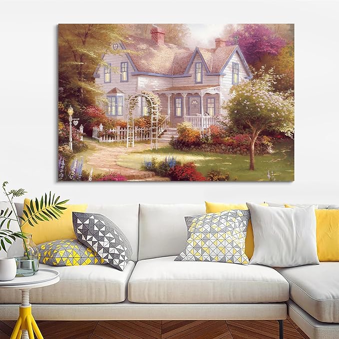 STUDIO HAVEN Thomas Kinkade Canvas Wall Art, Garden Cottage White Picket Fence Flower Archway Lush Bloom Oil Painting Poster Charming Countryside Wall Decor, Framed Prints for Home Decor, 40x28Inch