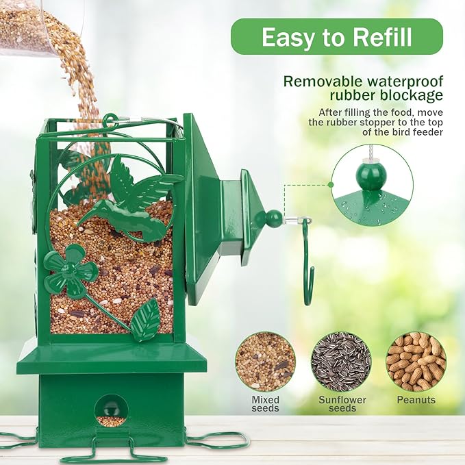 Bird Feeders for Outdoors Hanging, Metal Squirrel Proof Bird Feeder, Large Capacity and Weatherproof, Easy to Clean and Fill, Attracting Finch, Cardinal, Blue Jay; Green