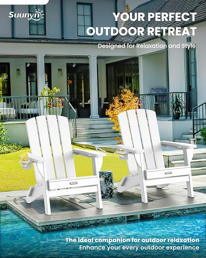 Folding Adirondack Chair 2 Pack, HDPE All-Weather Fire Pit Chairs, Plastic Adirondack Chairs with 2 Cup Holder, Outdoor Lawn Chair for Patio Garden (White)