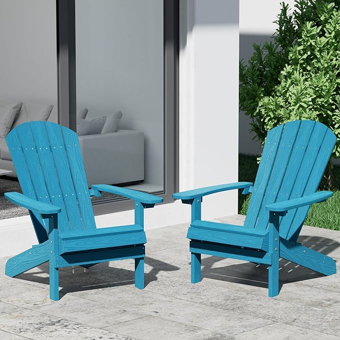 YEFU Adirondack Chairs Set of 2: Outdoor Chair HIPS Plastic Adirondack Chairs - Patio Chairs with Wood Texture - Lawn Fire Pit Deck Porch Garden Chairs for Adults(Pacific Blue)