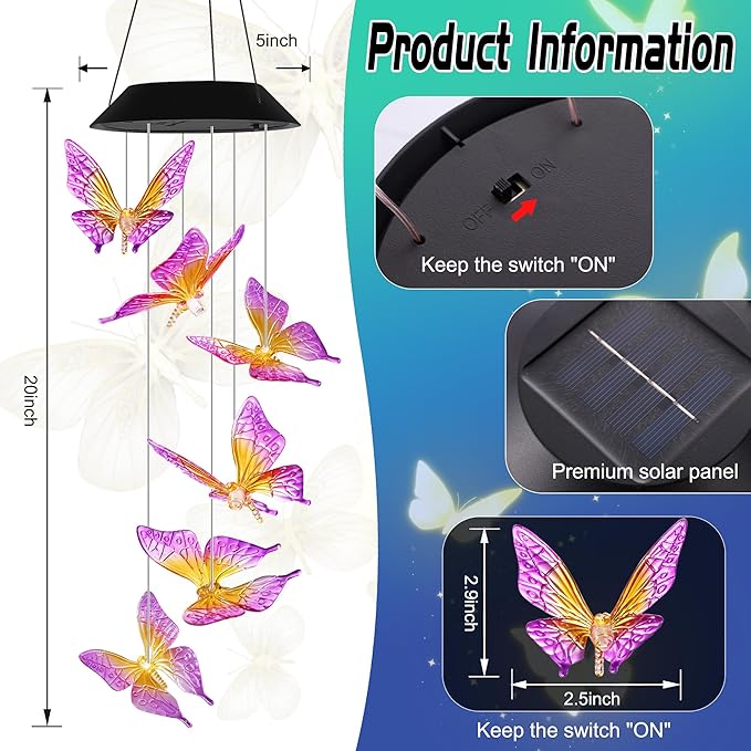 Purple Butterfly Solar Wind Chimes Outdoor Color Changing Solar Lights Garden Decor Best Gifts for Mom Decorations Mobile Windchimes Unique Chiristmas Gifts