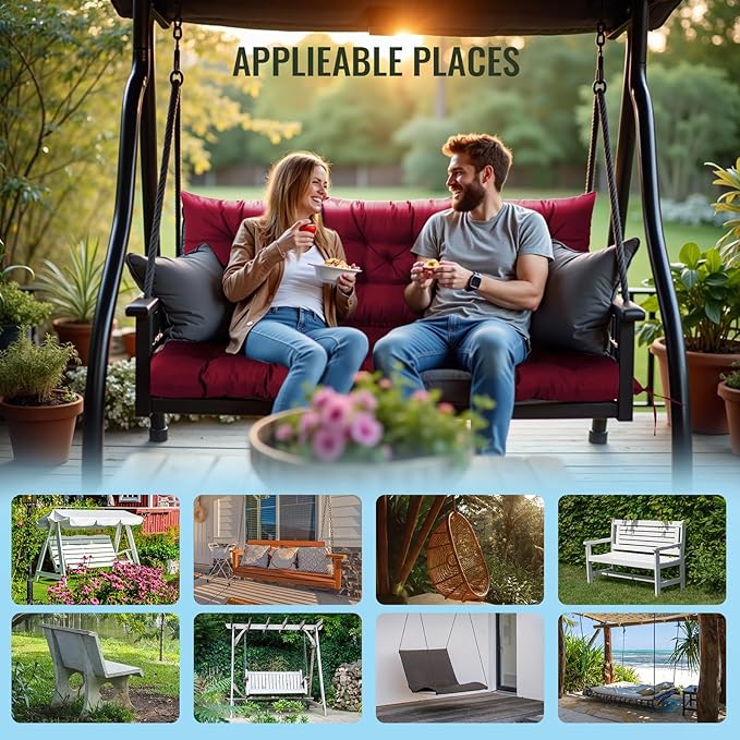 NACATIN 3 Seat Cushion for Outdoor Swing - 60x40 inches, 4" Thick Porch Swing Cushions with Ties and Storage Bag, Waterproof Bench Cushions for Patio, Outdoor, Backyard and Garden (Wine Red)