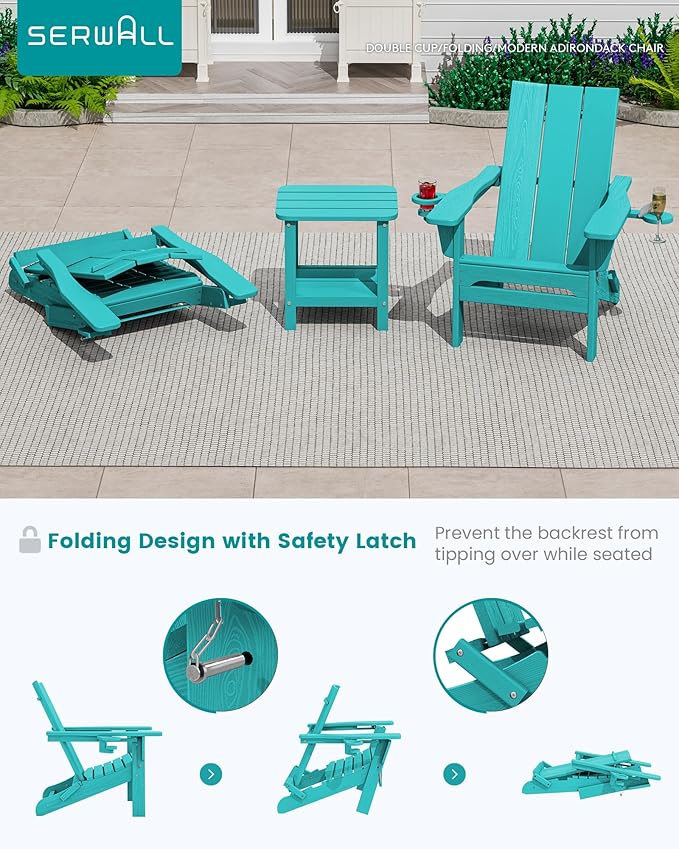 SERWALL Modern Adirondack Chair Set of 2, Folding Adirondack Chair with Cup Holders, Outdoor HDPE Adirondack Chair, Teal