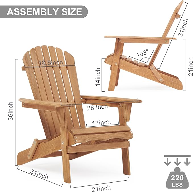 SoliWood Outdoor Wooden Folding Adirondack Chair Set of 4 with Pre-Assembled BackRest, Wood Patio Chair for Garden Backyard Porch Pool Deck Firepit