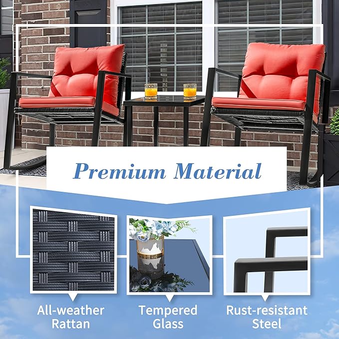 Flamaker Patio Chairs 3 Piece Wicker Rocking Chair Outdoor Bistro Sets with Coffee Table and Cushions Metal Frame Patio Furniture for Porch, Balcony, Lawn (Red)