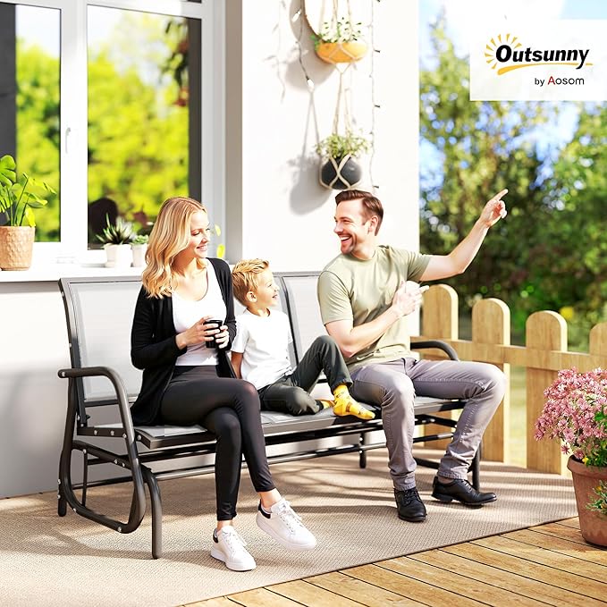 Outsunny 3-Person Patio Glider Bench, Outdoor Porch Glider Swing with 3 Seats, Breathable Mesh Fabric, Metal Frame, Cream White