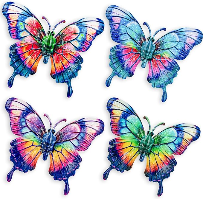 SUNREEK 4Pcs Metal Butterfly Wall Decor, 9 Inches Butterfly Outdoor Wall Art for Fence Garden Yard Room Patio Balcony