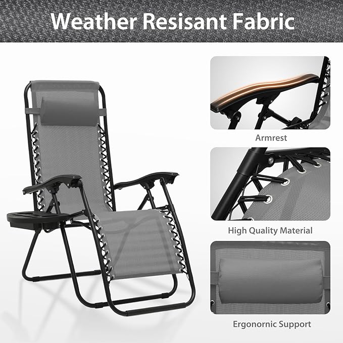 Zero Gravity Chairs, Portable Folding Reclining Lounge Chairs with Adjustable Pillow and Cup Holder Trays for Outdoor, Patio, Beach, Camping, Garden, Poolside, Gray