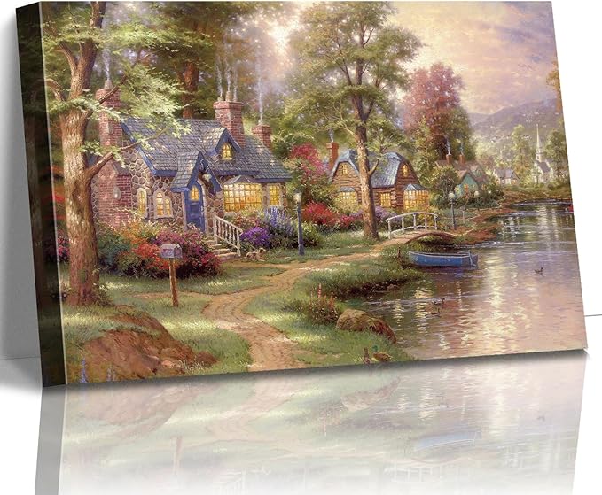 STUDIO HAVEN Thomas Kinkade Canvas Wall Art, River Cottage Stone Homes Wooden Bridge Boat and Ducks Flower-Lined Path Oil Painting Poster Rustic Wall Decor, Framed Prints for Home Decor, 24x16Inch