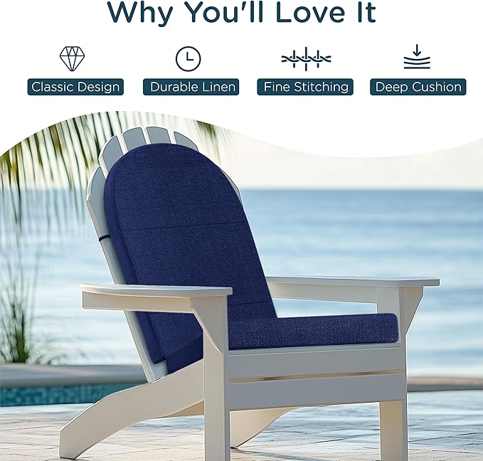 Codi Adirondack Chair Cushion – Outdoor Rocking Seat Cushions for Patio & Porch, Fade Resistant Waterproof Fabric with Ties, Navy Blue