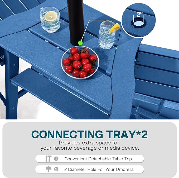 Tall Adirondack Chairs Set of 4, HDPE Balcony Chair with Double Connecting Tray, Weather Resistant Outdoor Adirondack Bar Stools for Patio, Deck, Patio, Backyard, Balcony. (Navy Blue)