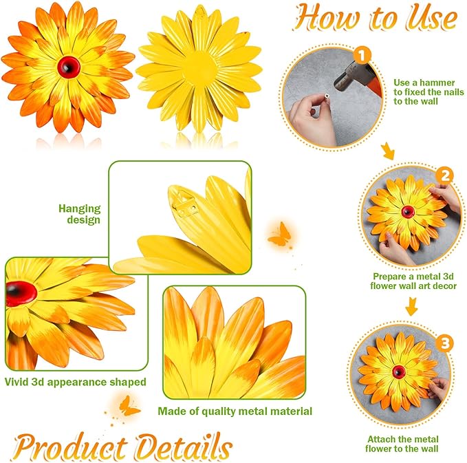 Gisafai 10 Pack Metal Flowers Wall Art Decor Outdoor, 3D 6 Pcs Daisy Flowers 4 Pcs Butterfly Metal Wall Art Fence Hanging for Fence, Patio, Garden, Backyard, Lawn, Balcony(Fashion)