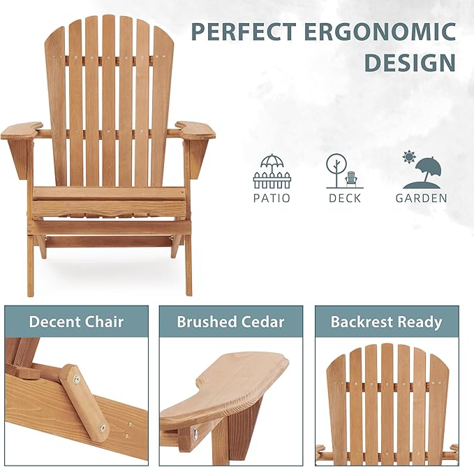 Wooden Folding Adirondack Chair Set of 4, Pre-Assembled BackRest Wood Lounge Chair for Outdoor Patio Garden Lawn Backyard Deck Pool Beach Firepit