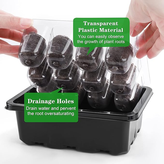 6 Pack 12-Cells Seed Starter Tray Kit with Humidity Dome and Base, Germination Tray Including Peat Pellets, Plant Labels, Tool, Plastic Plant Seedling Starter Trays for Indoor Outdoor, Black