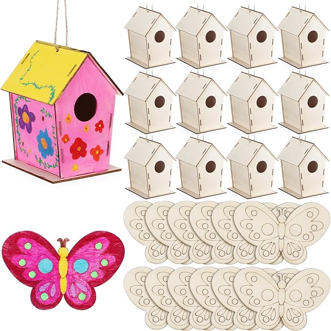DoubleFill 24 Pack Wooden Bird Houses Bulk, Butterfly Wood Chips for DIY Unfinished Hanging Birdhouse Kits, Wooden Craft Houses to Paint Easter VBS Craft Family Crafts Party Favor