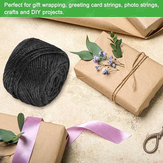 2-Pack Natural Jute Twine String, 3mm x 328ft/100m Long Garden Twine Balls for Crafts/Gift Wrapping/Gardening Plants, Durable Plant Ties Thick Rope [Black]