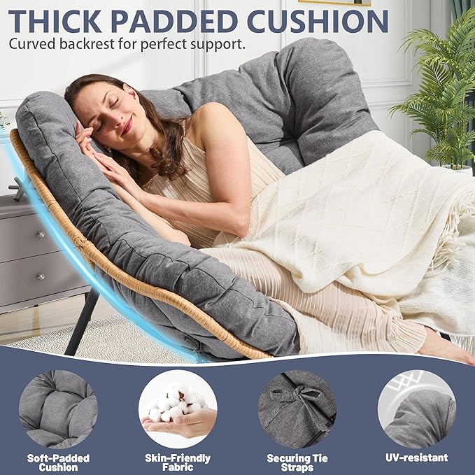 Outdoor Rocking Chair, Oversized Papasan Reading Chair Indoor with Thick Cushion, Comfy Rattan Rocker Egg Chair for Patio, Garden, Balcony, Lawn, Backyard, Bedroom, up to 450lbs, Dark Gray