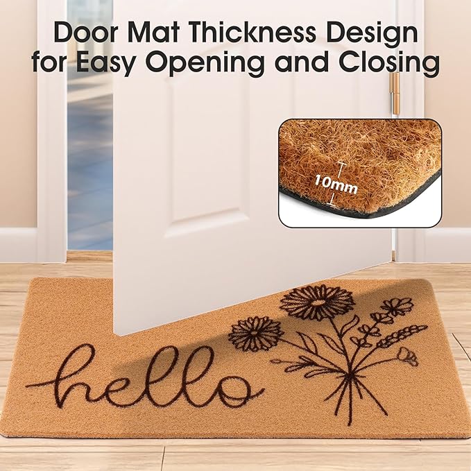 Hello Spring Door Mat for Front Door Welcome Matt Outdoor with Wildflower Bouquet Doormat Indoor Entrance with Flowers, Perfect Home Floral Decor (Brown)