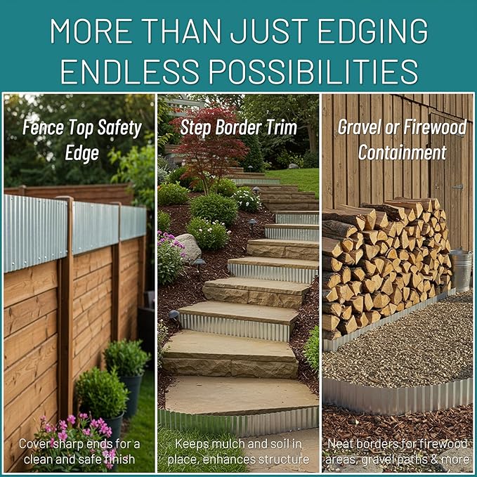 50FT Galvanized Steel Corrugated Metal Landscape Edging – Flexible & Rustproof Garden Edging Border, Decorative Metal Trim for Flower Beds, Lawn, Driveway, Walkway & Raised Beds