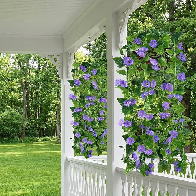 GTIDEA Artificial Vines 15Feet Silk Flower Garland Purple Morning Glory Vine Artificial Flowers Hanging Plants Garland Fake Green Plant 4Pcs for Outdoors Wall Fence Indoor Wedding Banquet Decor