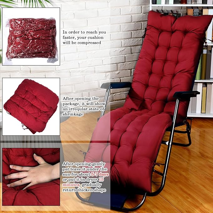 Bucherry 67 x 19 Inch Chaise Lounge Cushions Soft Lounge Chair Cushion Gravity Chair Cushion Sofa Lawn Furniture Cushion Pad with 6 Tie for Outdoor Indoor Patio Home Without Headrest (Wine Red,2 Pcs)
