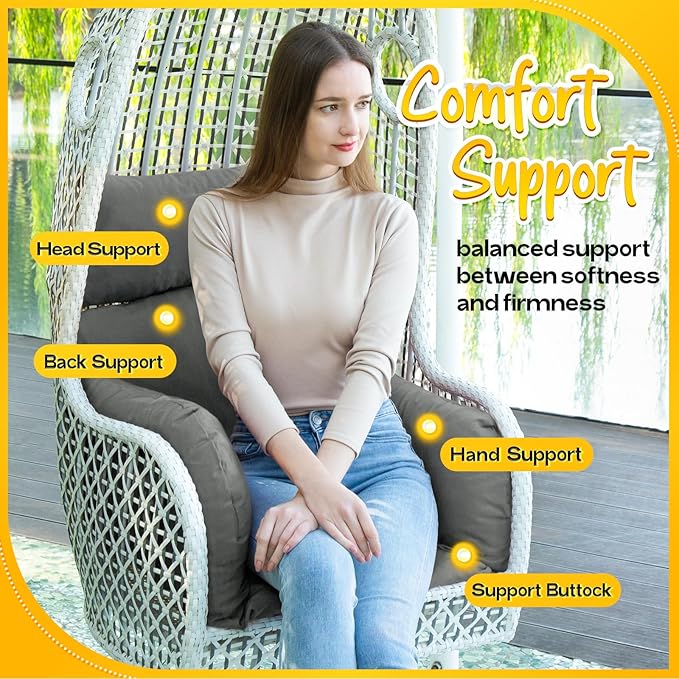 MAGIC ELEPHANT Egg Chair Cushion, Memory Foam Indoor Outdoor Hanging Egg Chair Cushion Replacement, Patio Basket Swing Cushion with Headrest (Grey)