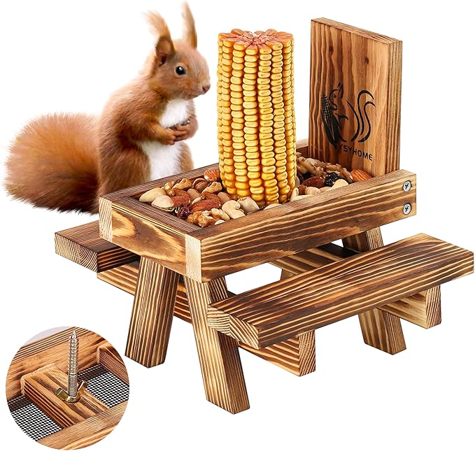 Squirrel Feeder for Outside Funny, Carbonized Wood Squirrel Picnic Table Feeder with Corn Cob Holder & Peanut Tray, Durable Picnic Table for Squirrel and Chipmunk, New Premium Gift