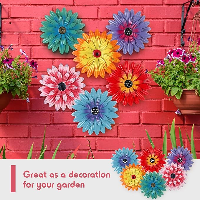 Zhehao 6 Pcs Metal Flower Wall Art Decor 8 Inch Sunflower Wall Decorations Hanging Outdoor Art Multicolored Handmade Metal Flowers Outdoor Decor(Cute Color)