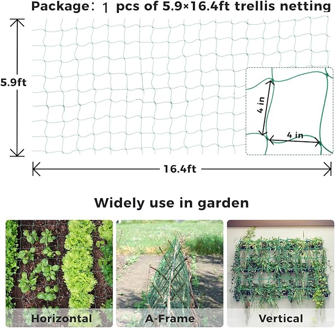 Kikhope Trellis Netting for Climbing Plants, 5.9ft x 16.4ft Heavy Duty Garden Trellis Netting for Cucumber, Vine, Tomato, Plants Trellis Net for Climbing Vine Plants Fruits & Vegetables(1 Pack)