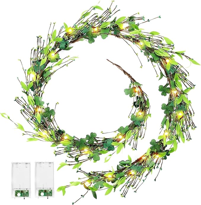 6.5 Ft St.Patrick's Day Garland Lucky Shamrock Wreath with LED Lights Artificial Green Clover St Patrick's Day Hanging Wreath Garland for Front Door Arch Wall Irish Festival Party Decoration