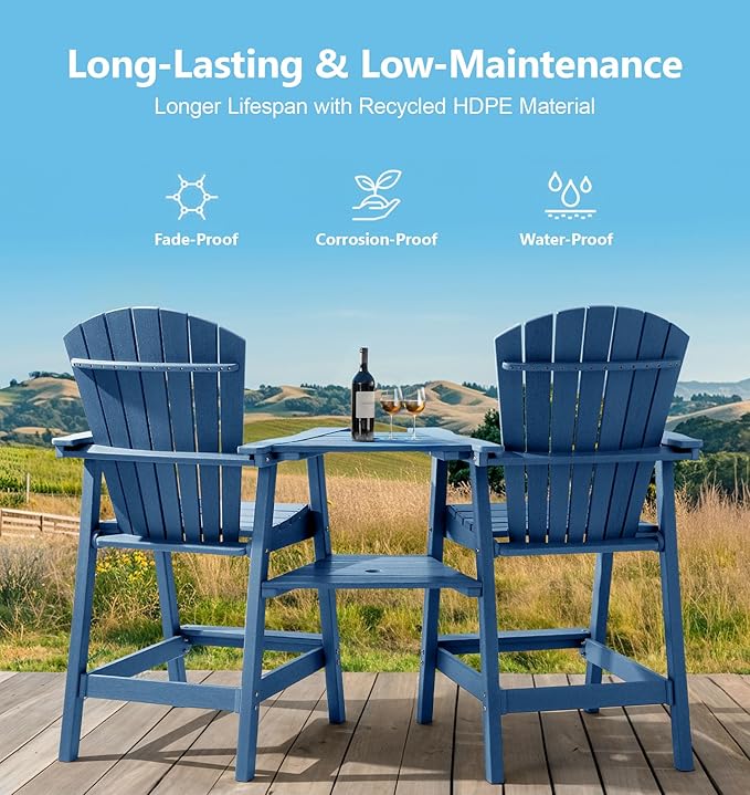 PASAMIC Tall Adirondack Chair Set of 4, All-Weather HDPE Outdoor Chairs with Removable Double Trays, Bar Height Adirondack Chairs for Balcony, Deck, Patio, Backyard, Blue
