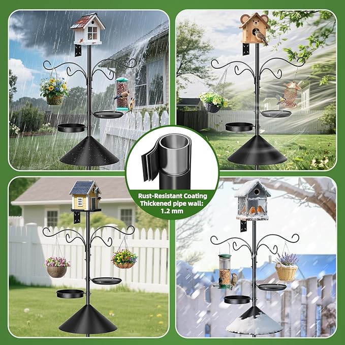 2026 Upgraded Heavy Duty Bird Feeder Pole,92 Inch Squirrel Proof Adjustable Bird Feeding Station,4 Shepherd Hooks for Feeder Stand, Includes Water Bowl and Mesh Tray,for Outdoor Garden & Yard