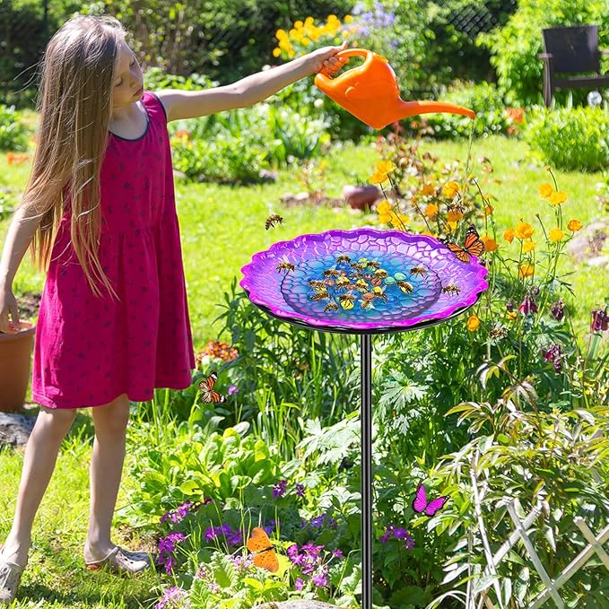 Bee Butterflies Watering Station, Standing Bee Feeder with Glass Marbles for Outside, Bee Bath Feeder with Metal Stakes Butterfly Puddler Garden Yard Déco (Purple)