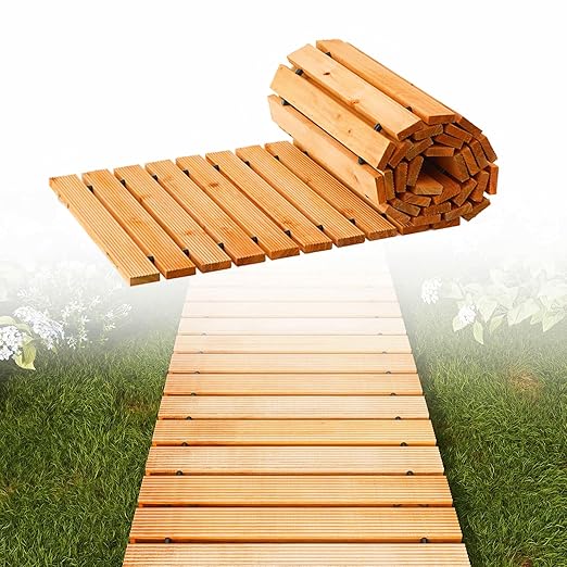 8FT Straight Wooden Garden Pathway Walkway Outdoor Roll Out Decorative Garden Non-Slip Patio Path Decorative Boardwalk Road Floor for Pool Backyard Wedding Party Beach (Warm Brown)