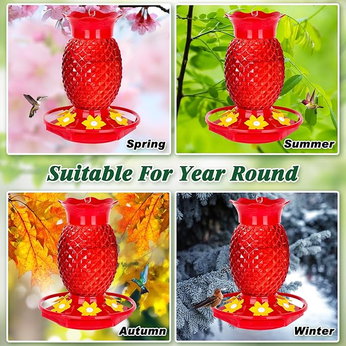 Glass Hummingbird Feeders for Outdoors Hanging Ant and Bee Proof 16OZ 1 Pack Red Pineapple Humming Bird Feeder with 6 Feeding Ports and Ant Moat Hummingbird Gifts for Women Garden Decor